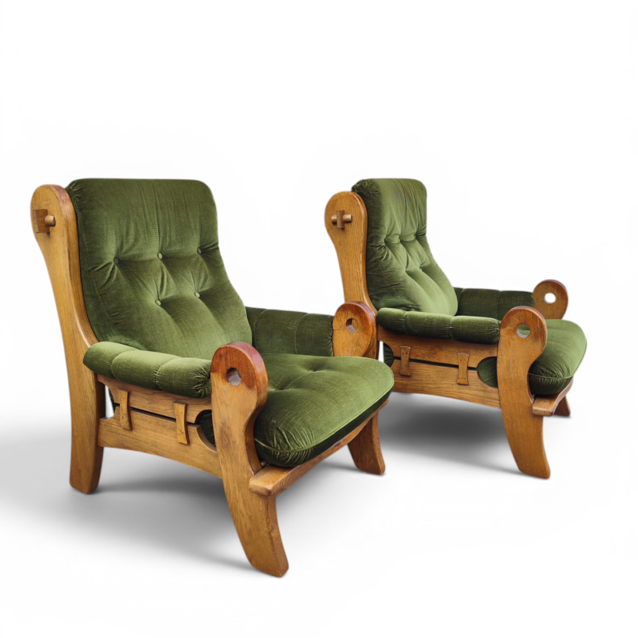Pair of brutalist oak armchairs