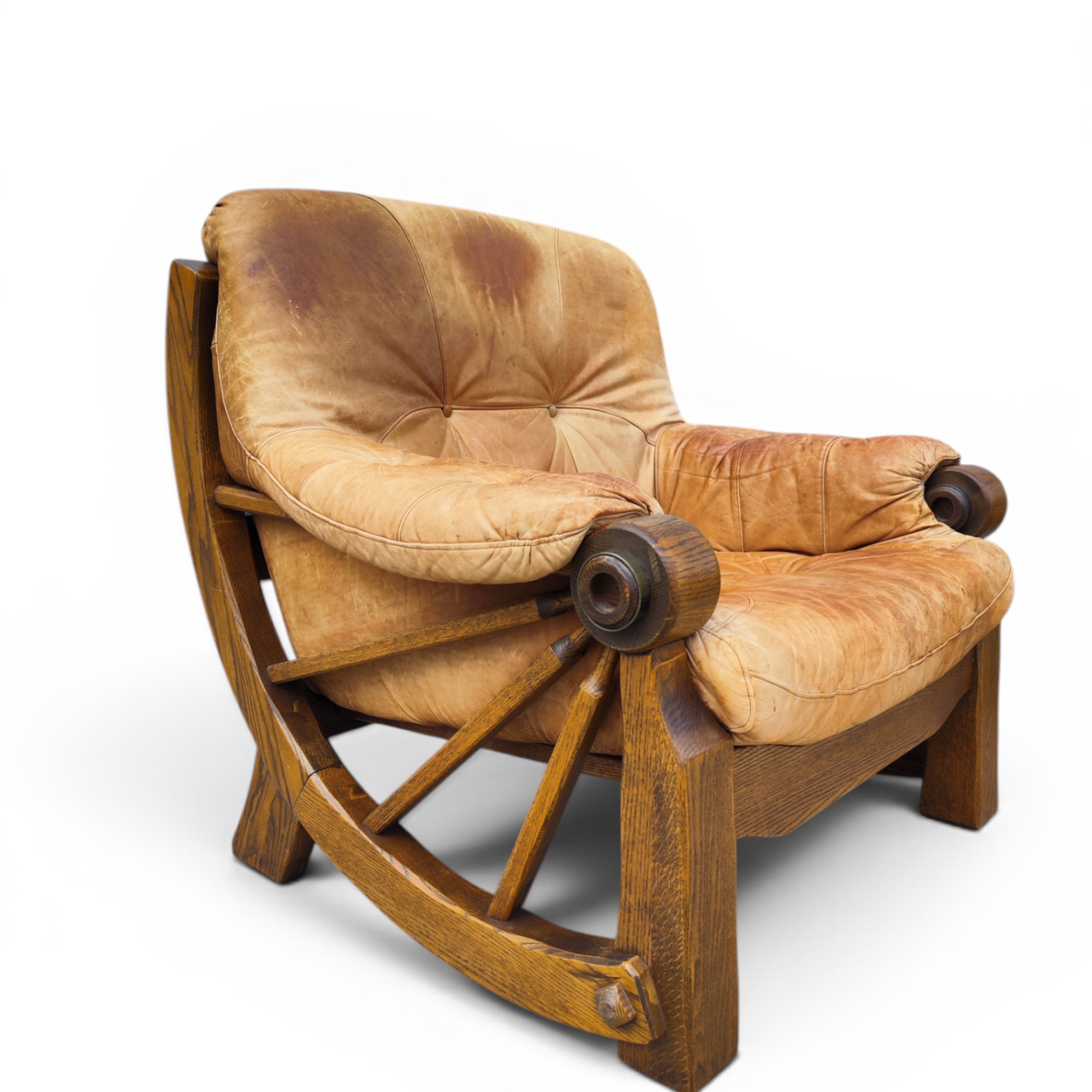 Pair of brutalist oak cartwheel armchairs